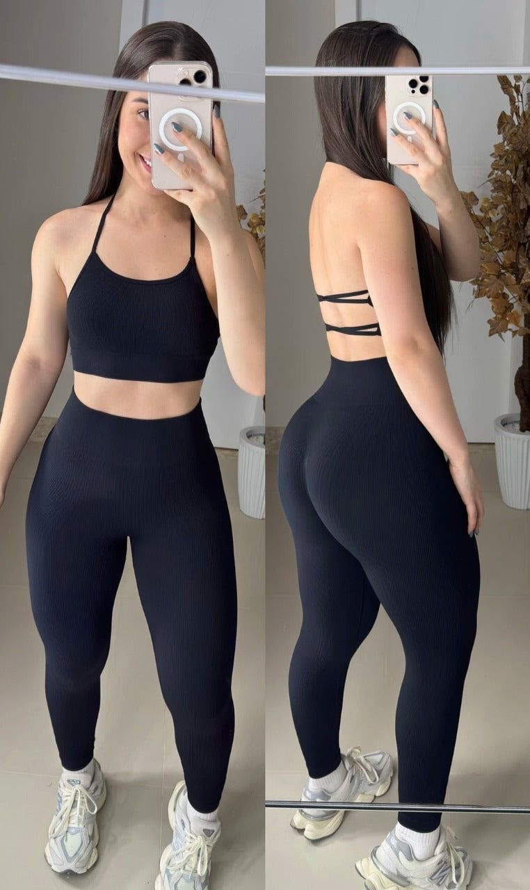 Conjunto de legging modela silhueta sem costura canelado power