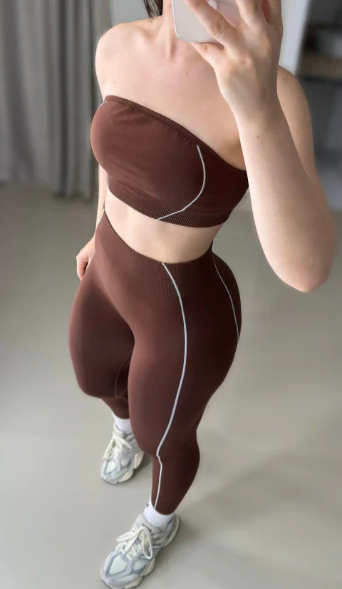 Conjunto de legging modela silhueta sem costura marrom top faixa