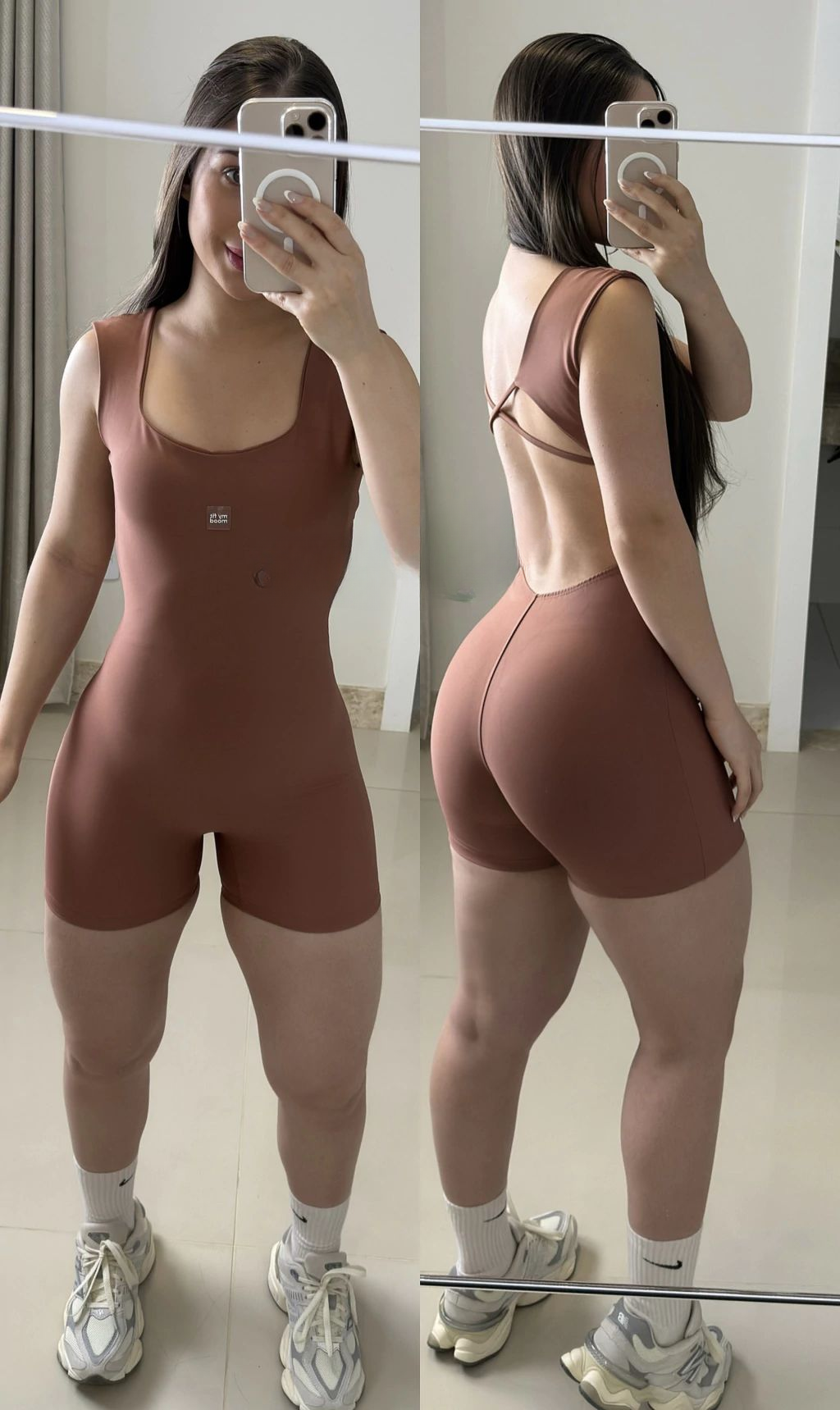 Macaquinho Action sem modela poliamida com compressão cappuccino