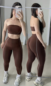Conjunto de legging modela silhueta sem costura marrom top faixa
