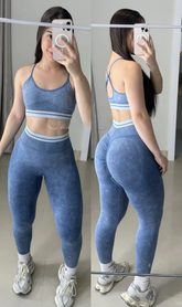 Conjunto de legging modela silhueta sem costura jeans fake