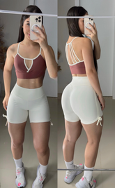 Conjunto de short modela silhueta poliamida premium off com marrom