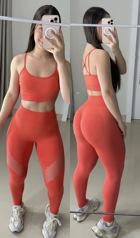Conjunto de legging modela silhueta sem costura laranja com cortes a laser
