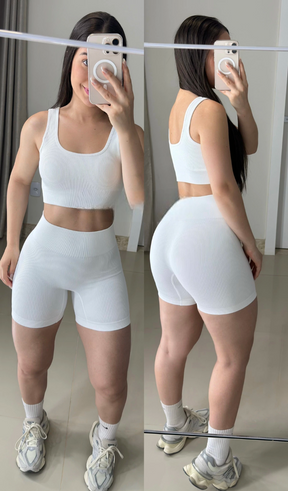 Conjunto de short sem modela e sem costura canelado power