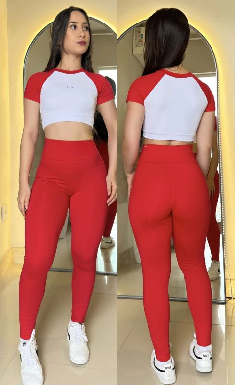 Conjunto Malibu de legging poliamida bicolor com cropped de manguinha