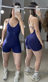 Macaquinho modela silhueta sem costura costas cruzadas mirtilo