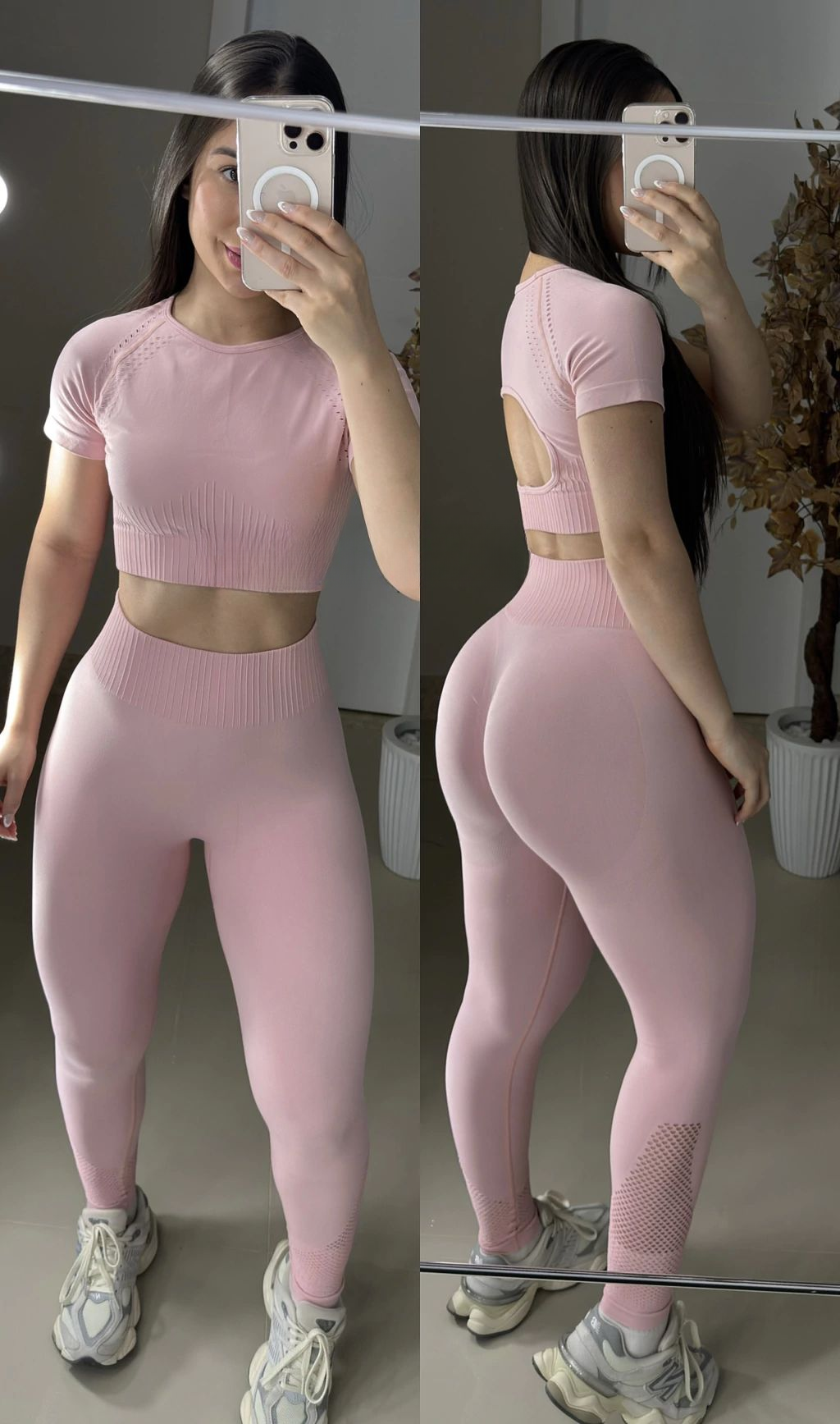 Conjunto de legging modela silhueta sem costura rosa bebê de manguinha