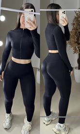 Conjunto de legging sem modela + jaqueta em zíper texturizado preto